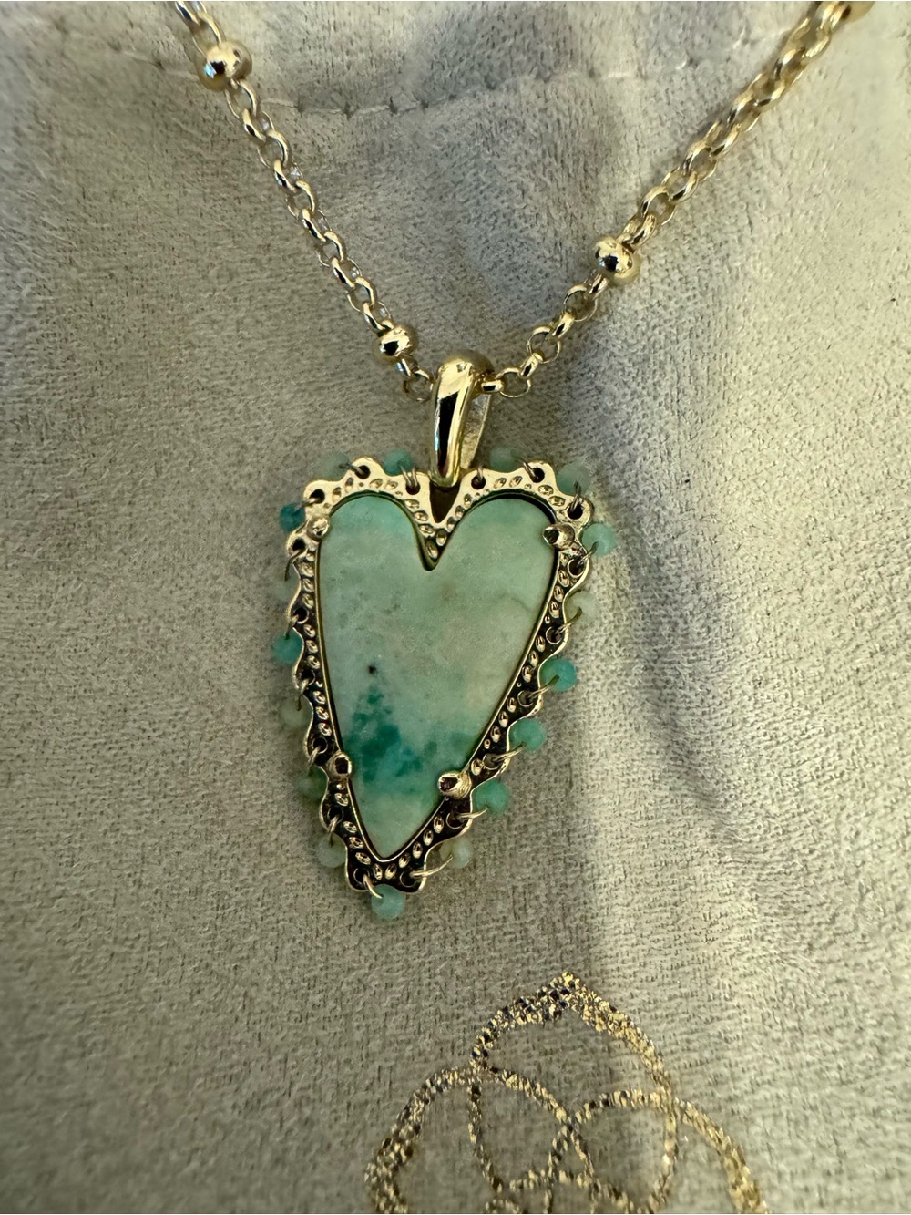 Kendra Scott Beaded Ansley Gold Heart Pendant Necklace Sea Green Chrysocolla